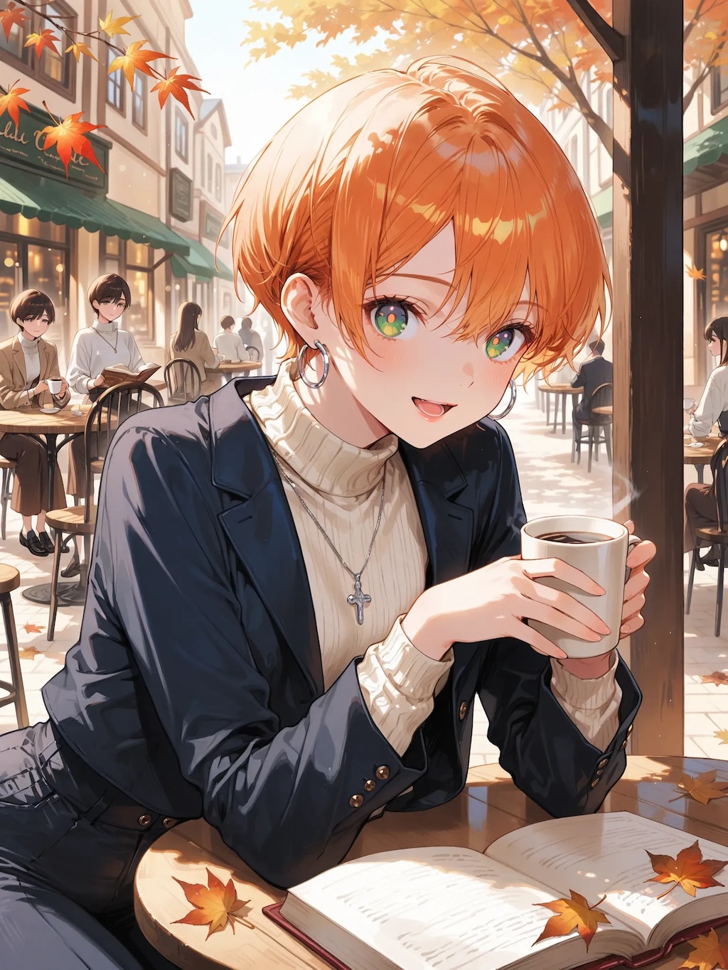 秋のカフェで読書