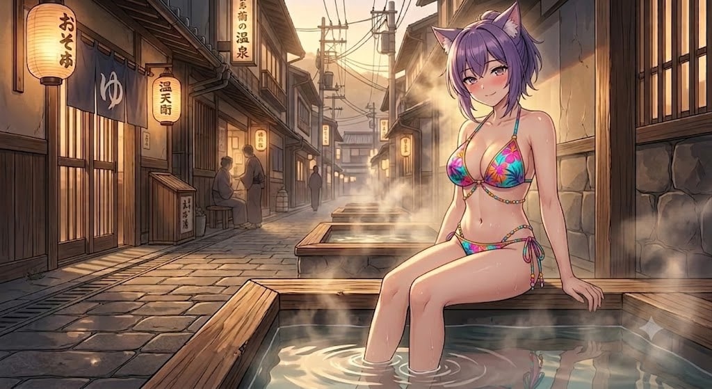 足湯につかるビキニのシス