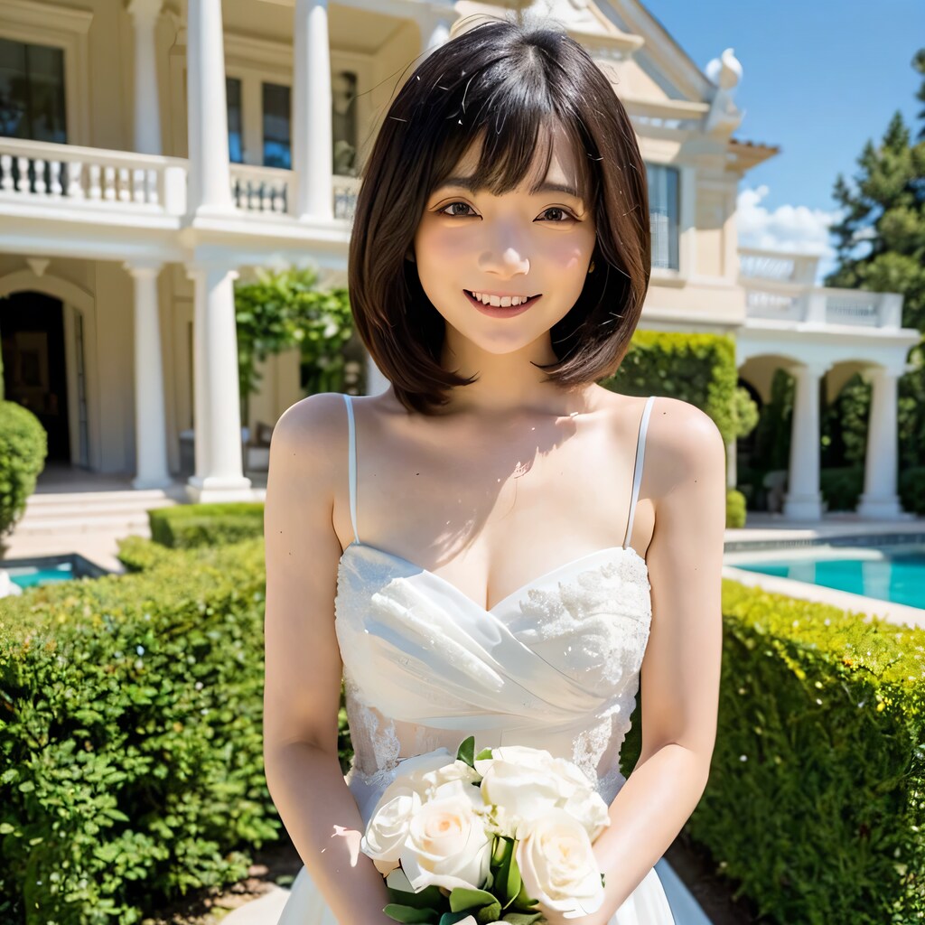 黒髪ボブでウェディングドレスの美女１６