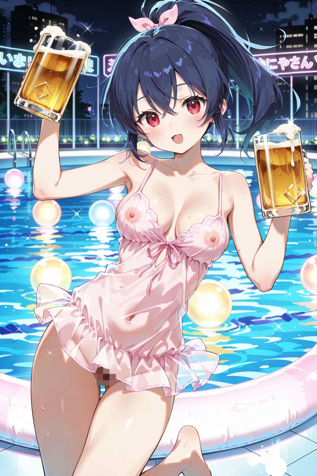ナイトプールで撮影会 透け透けランジェリー with ビールジョッキ Y702