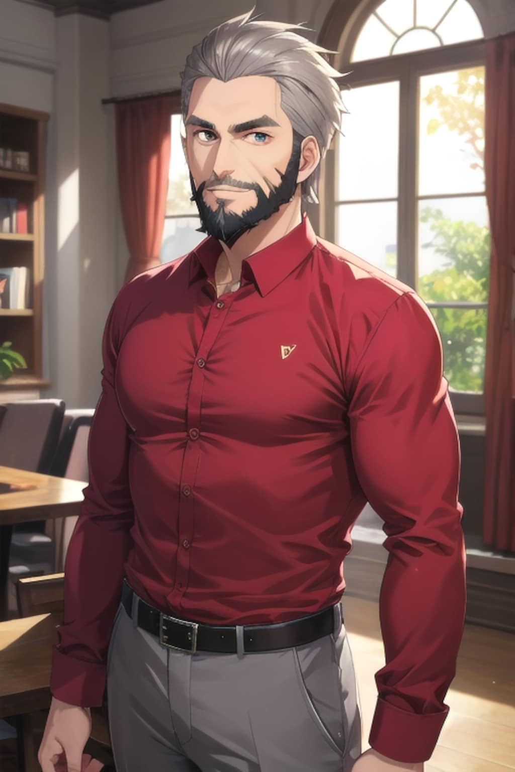 臙脂色のシャツを着たお爺さん