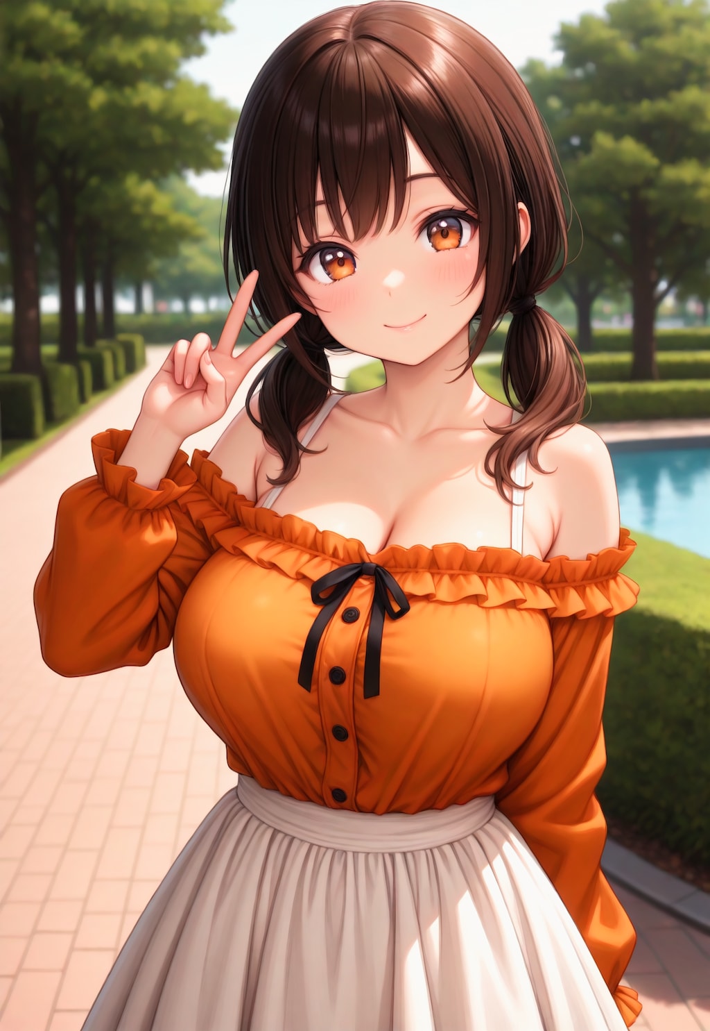 727（オレンジ色の　オフショルを着た　おさげの　女の子）