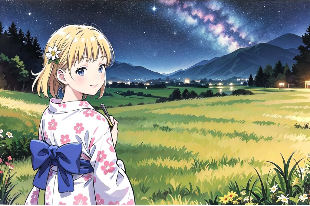 浴衣と夜空と金髪ちゃん