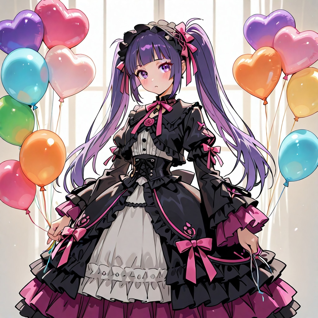 いっぱい色とりどりの風船を持つ紫髪ツインテールのゴスロリ衣装着た美女