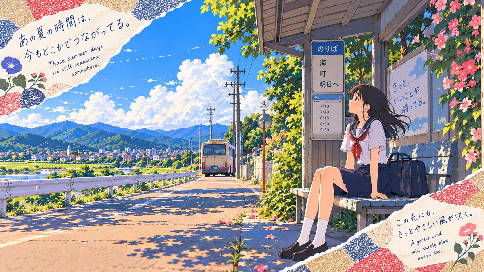 A Gentle Breeze at the Summer Bus Stop  Those summer days are still connected somewhere.  Under the | の人気AIイラスト・グラビア