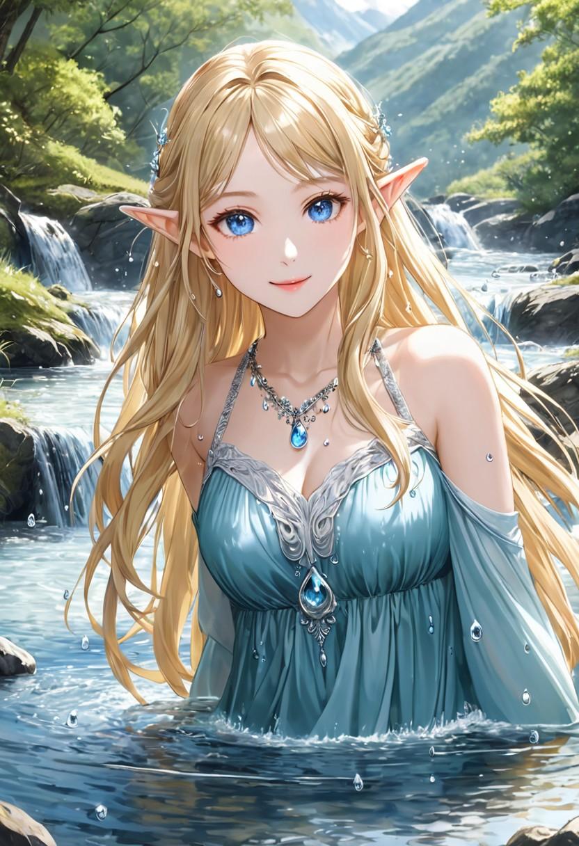 水遊びをする金髪エルフさん