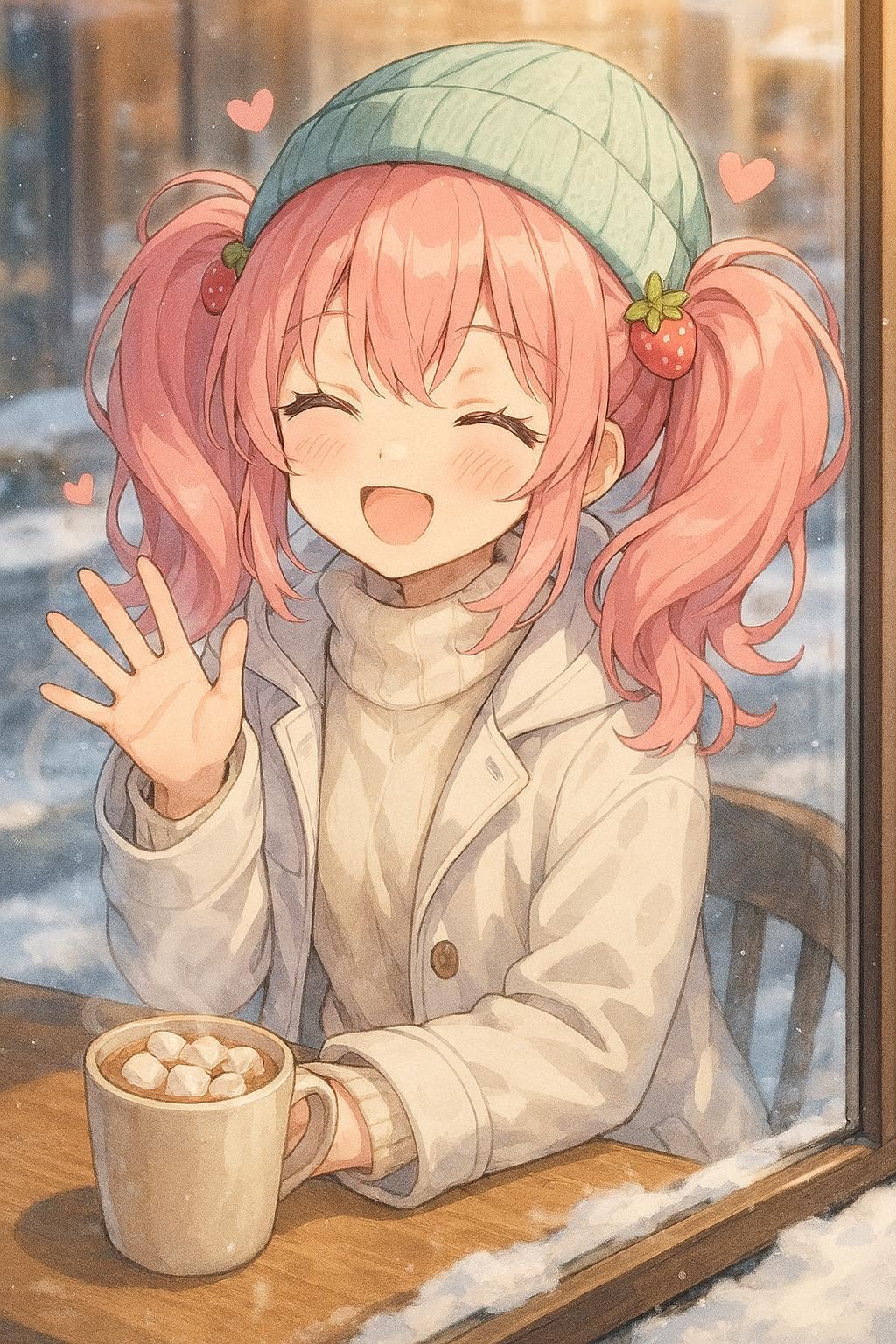 ガラス越しのにっこりサイン