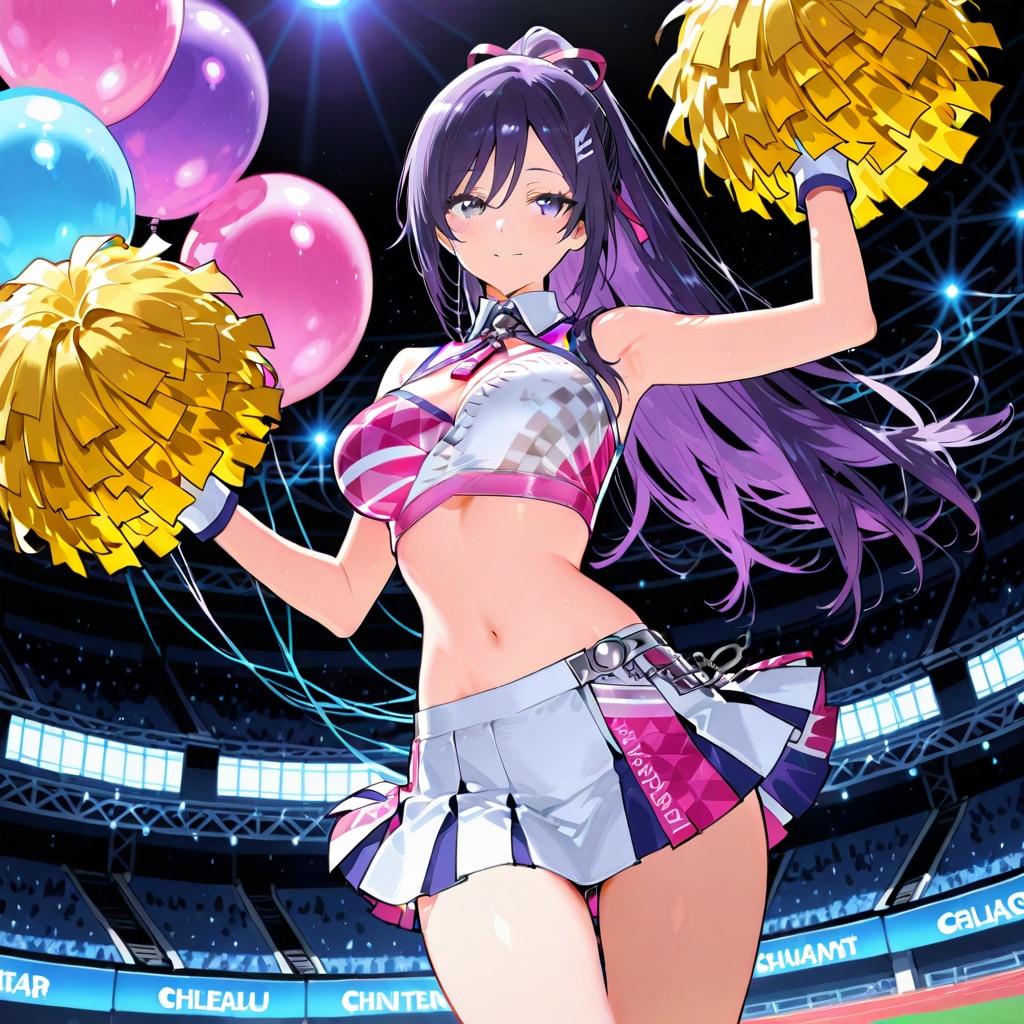 いっぱい色とりどりの風船を持つ紫髪ポニーテールのチアガール衣装着た美女