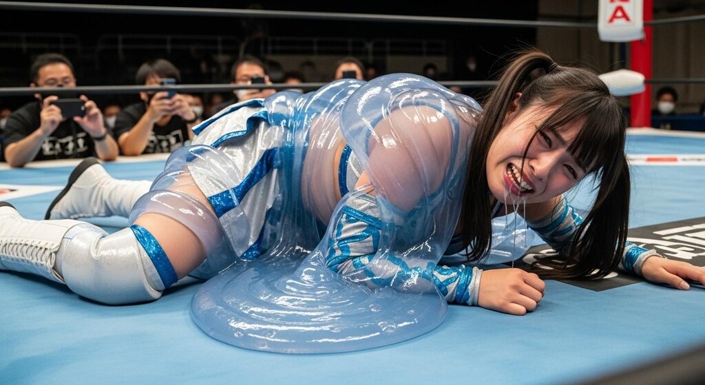 異種格闘プロレスでスライム（液体）との試合中に体に纏わりつかれるMIKURU