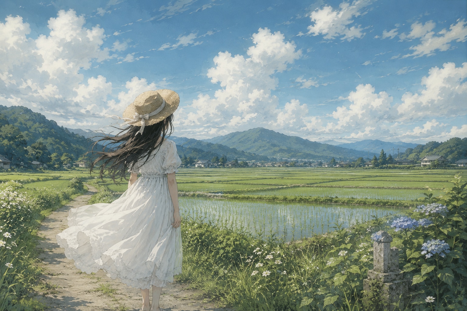 広がる田んぼと白いワンピースの女の子