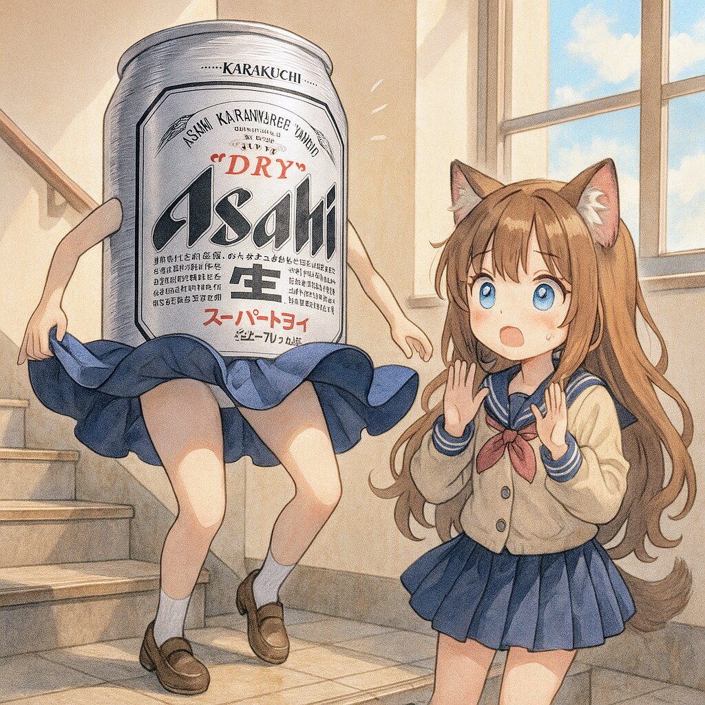 ノーパンなのが風でバレたビール缶とそれを見ちゃった小さな女の子