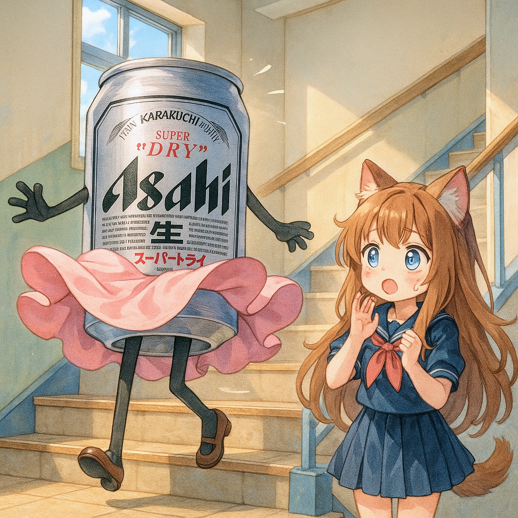 ノーパンなのが風でバレたビール缶とそれを見ちゃった小さな女の子