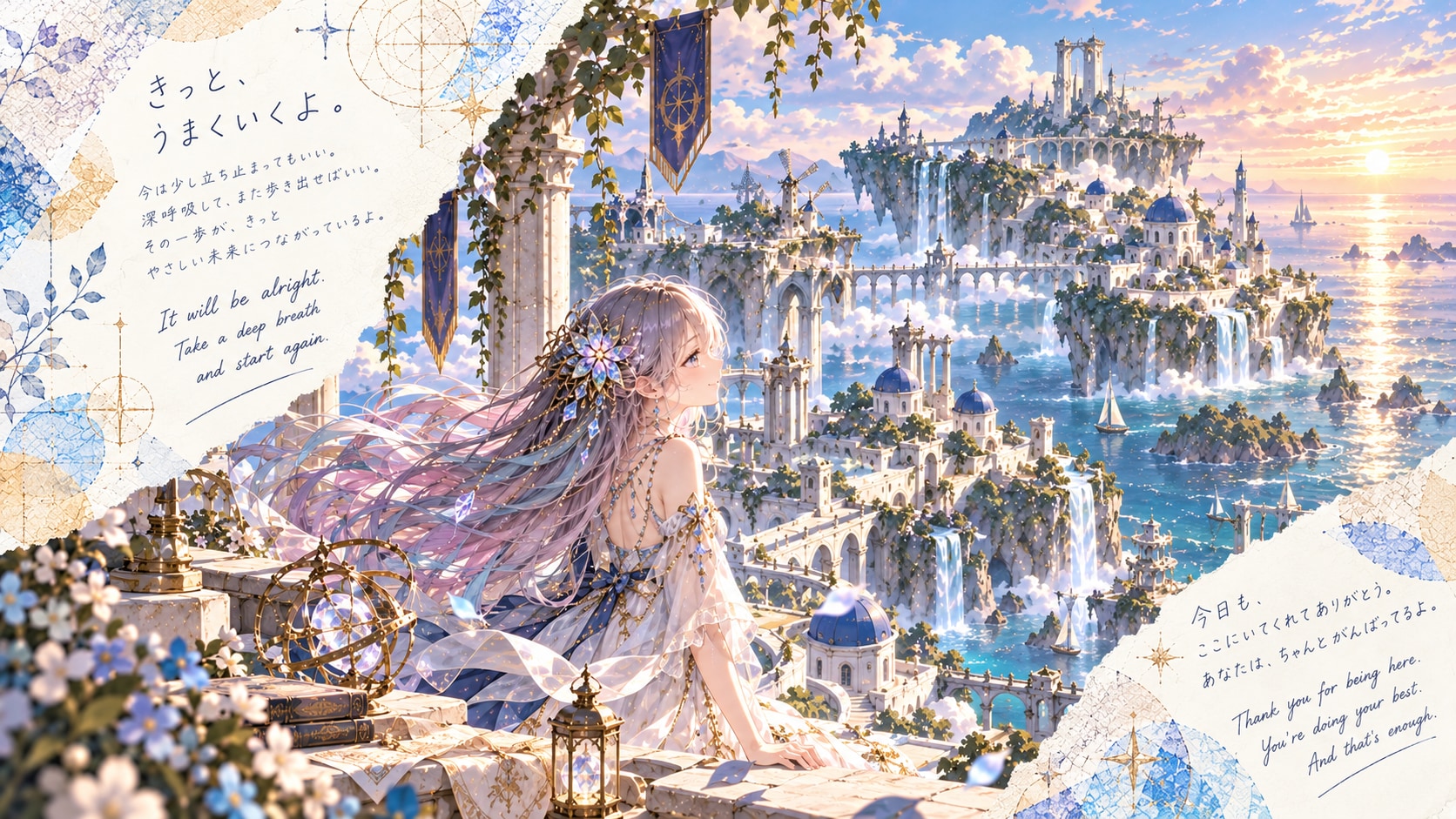 A quiet rest above a whole city of waterfalls and sails, watching the sun settle over a sea of white | の人気AIイラスト・グラビア