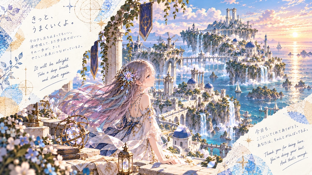 A quiet rest above a whole city of waterfalls and sails, watching the sun settle over a sea of white