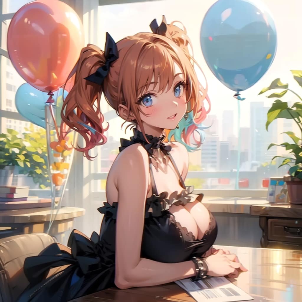 色とりどりの風船を持つオレンジ髪ツインテールのアイドル衣装着た美女