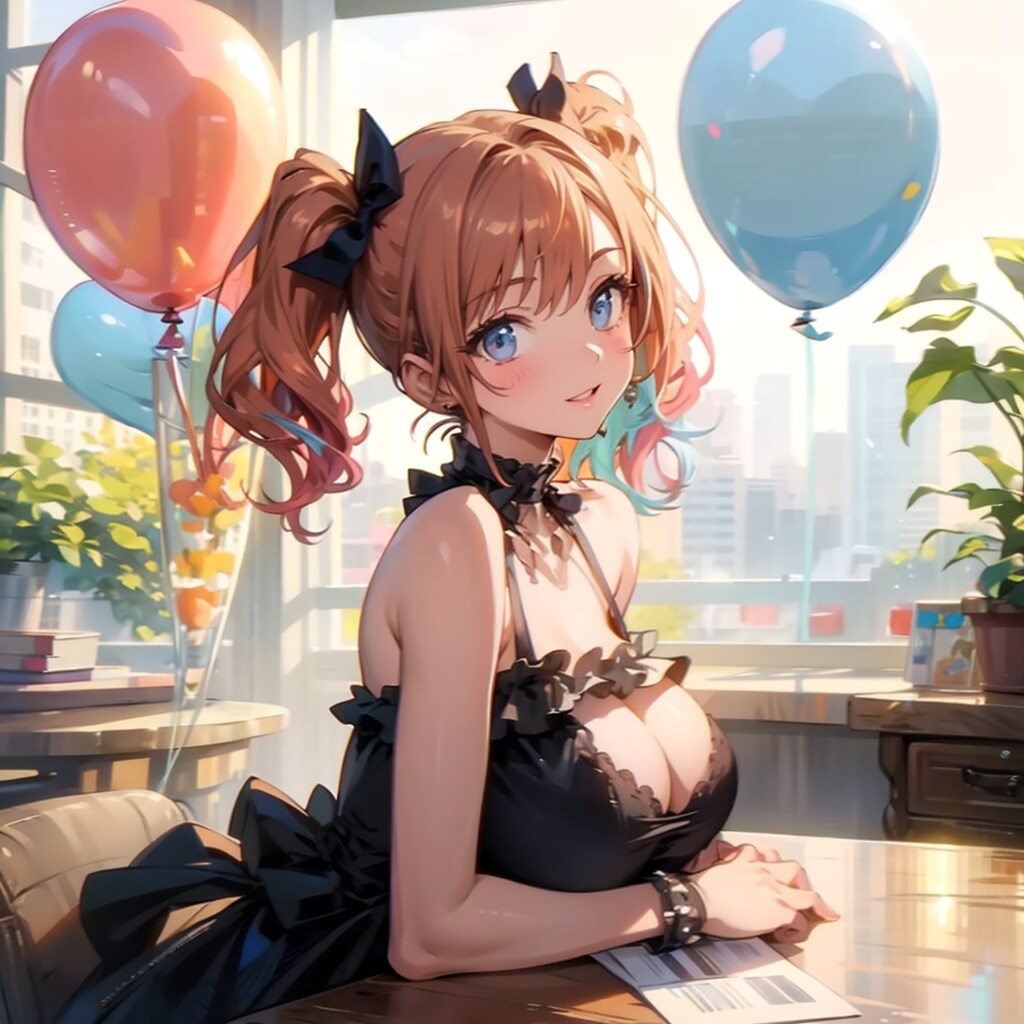 色とりどりの風船を持つオレンジ髪ツインテールのアイドル衣装着た美女