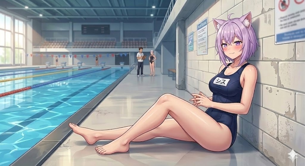 座ってくつろぐスク水のシス