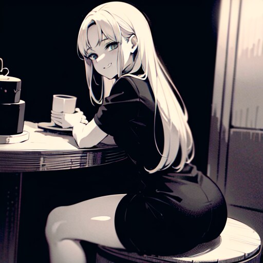 テーブルに座ってコーヒーを楽しむかわいい女の子 (白黒)