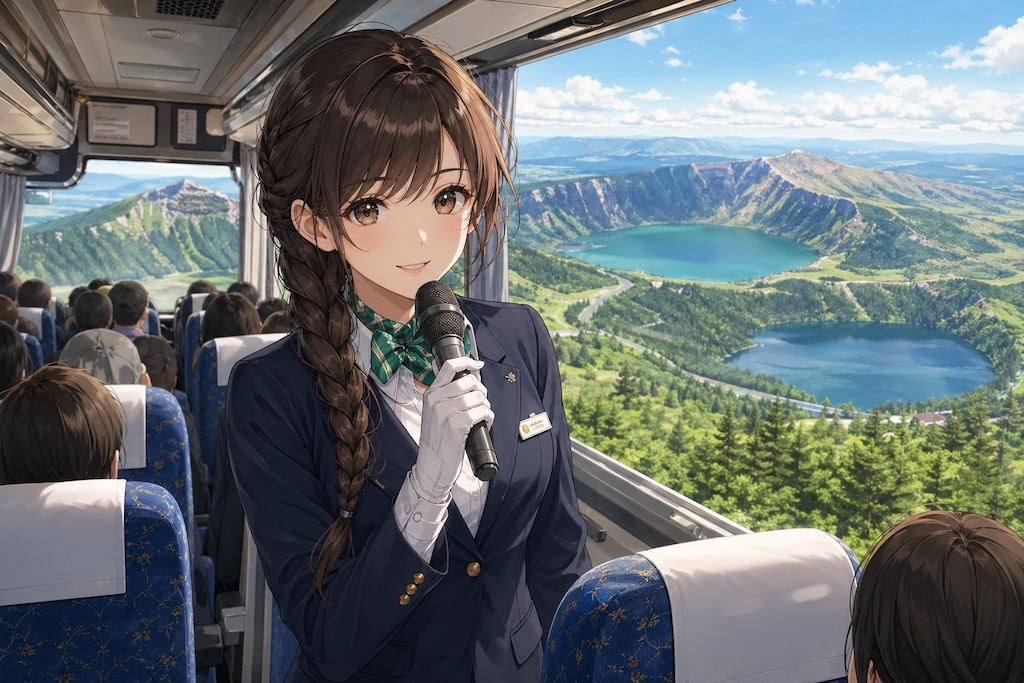 阿蘇の草原とバスガイドのお姉さん