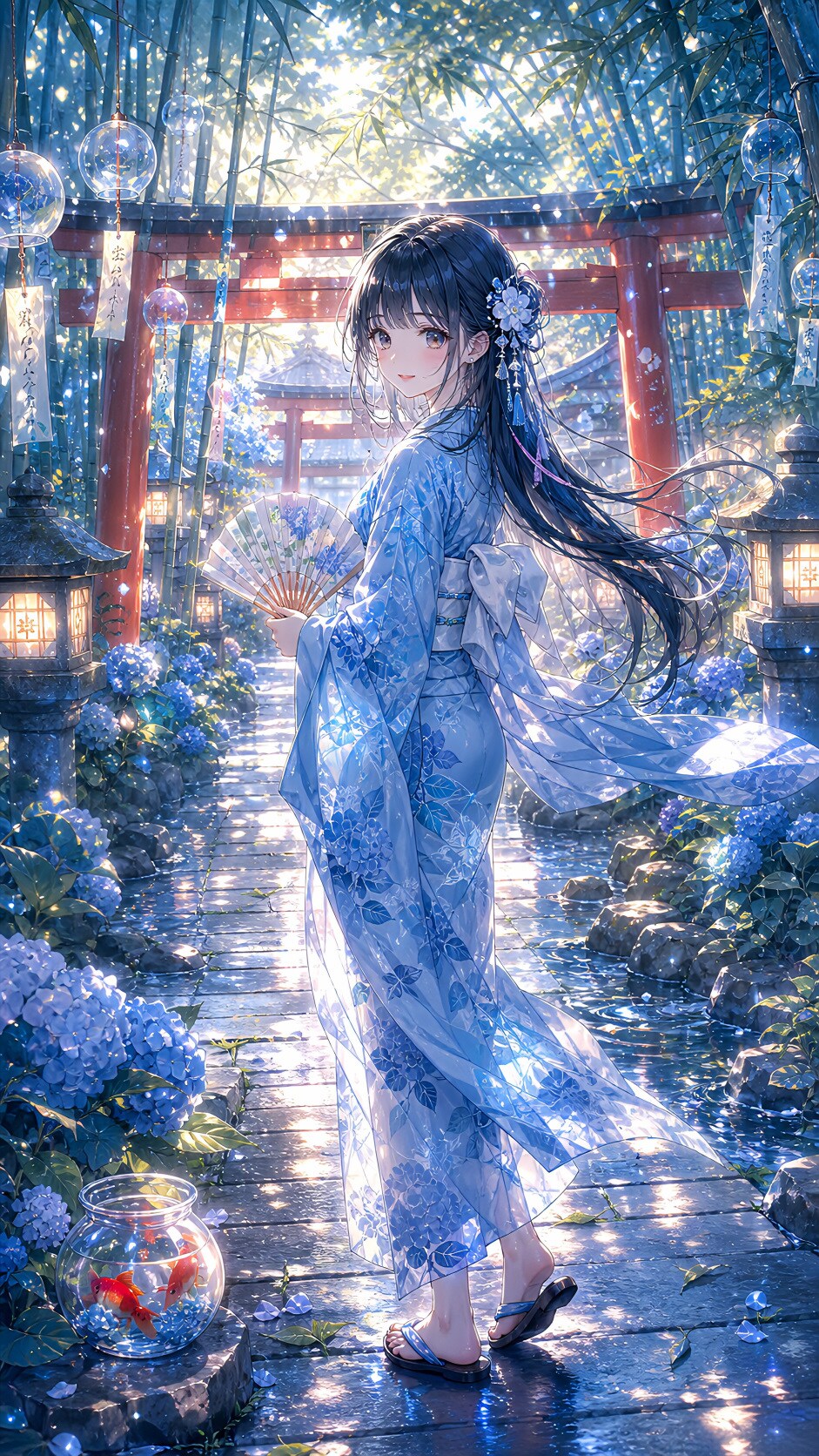 竹林の風鈴が導く青い着物の少女