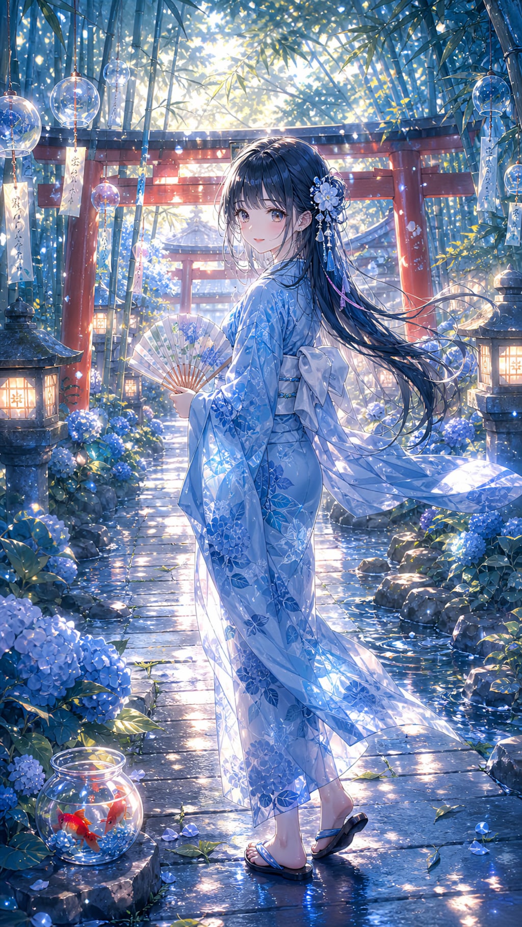竹林の風鈴が導く青い着物の少女
