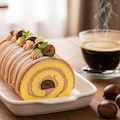 デザートの栗のロールケーキとカフェオレのセット 4枚目