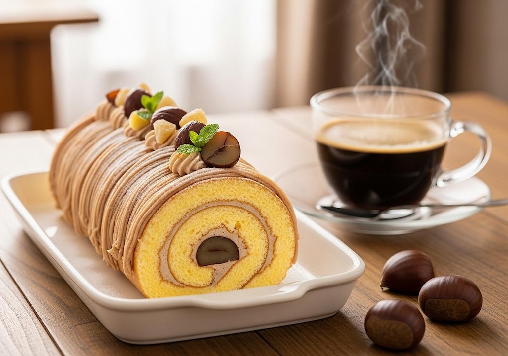 デザートの栗のロールケーキとカフェオレのセット