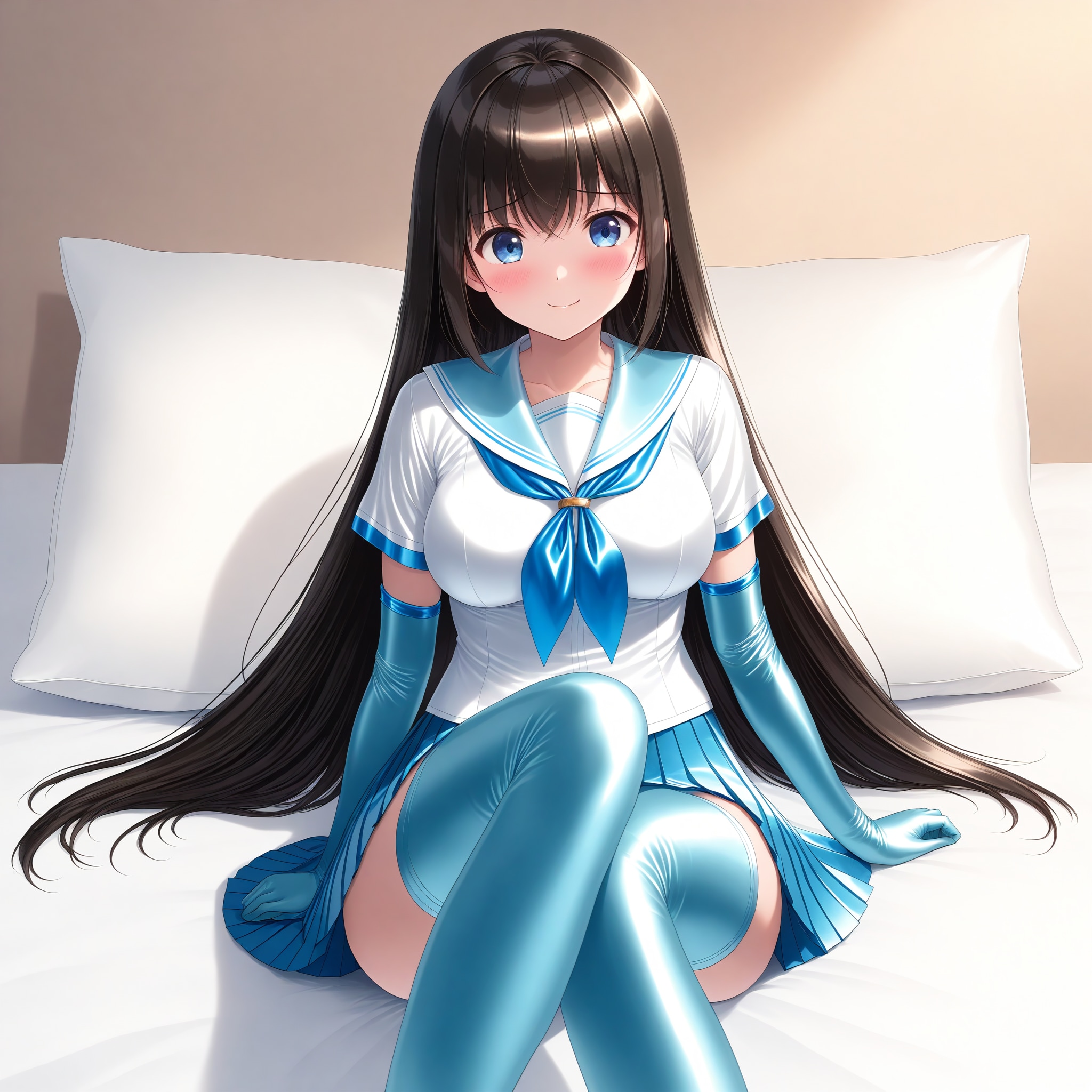 光沢水色セーラー服長手袋サイハイソックス