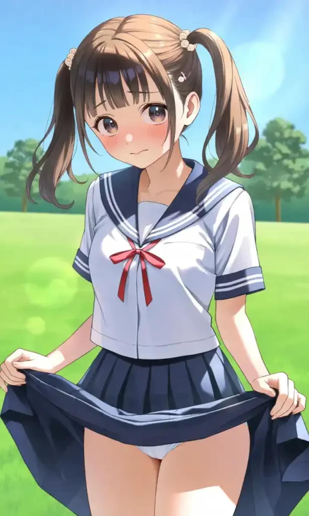 パンツが見えちゃって恥ずかしがっている女の子のイラスト。