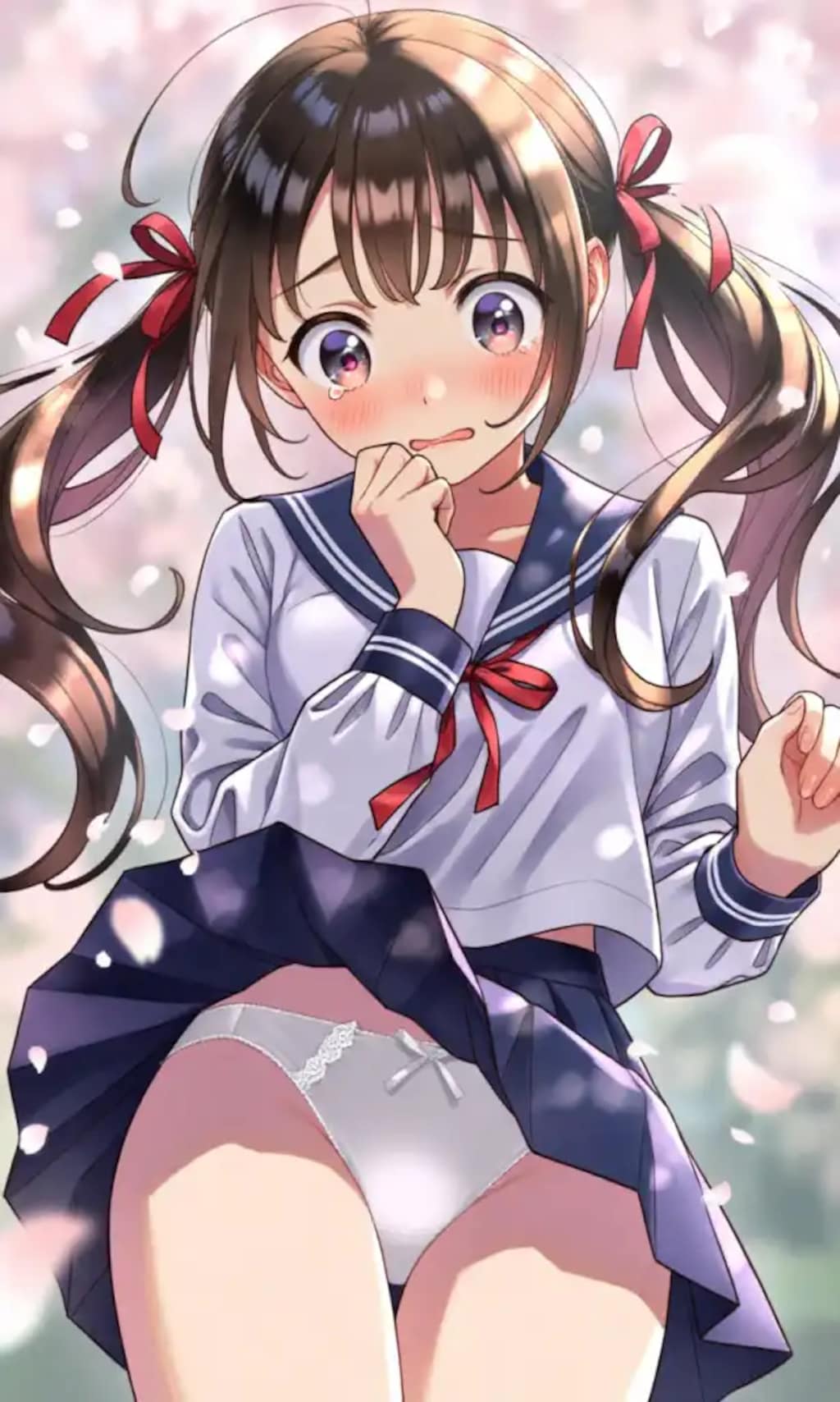 パンツが見えちゃって恥ずかしがっている女の子のイラスト。