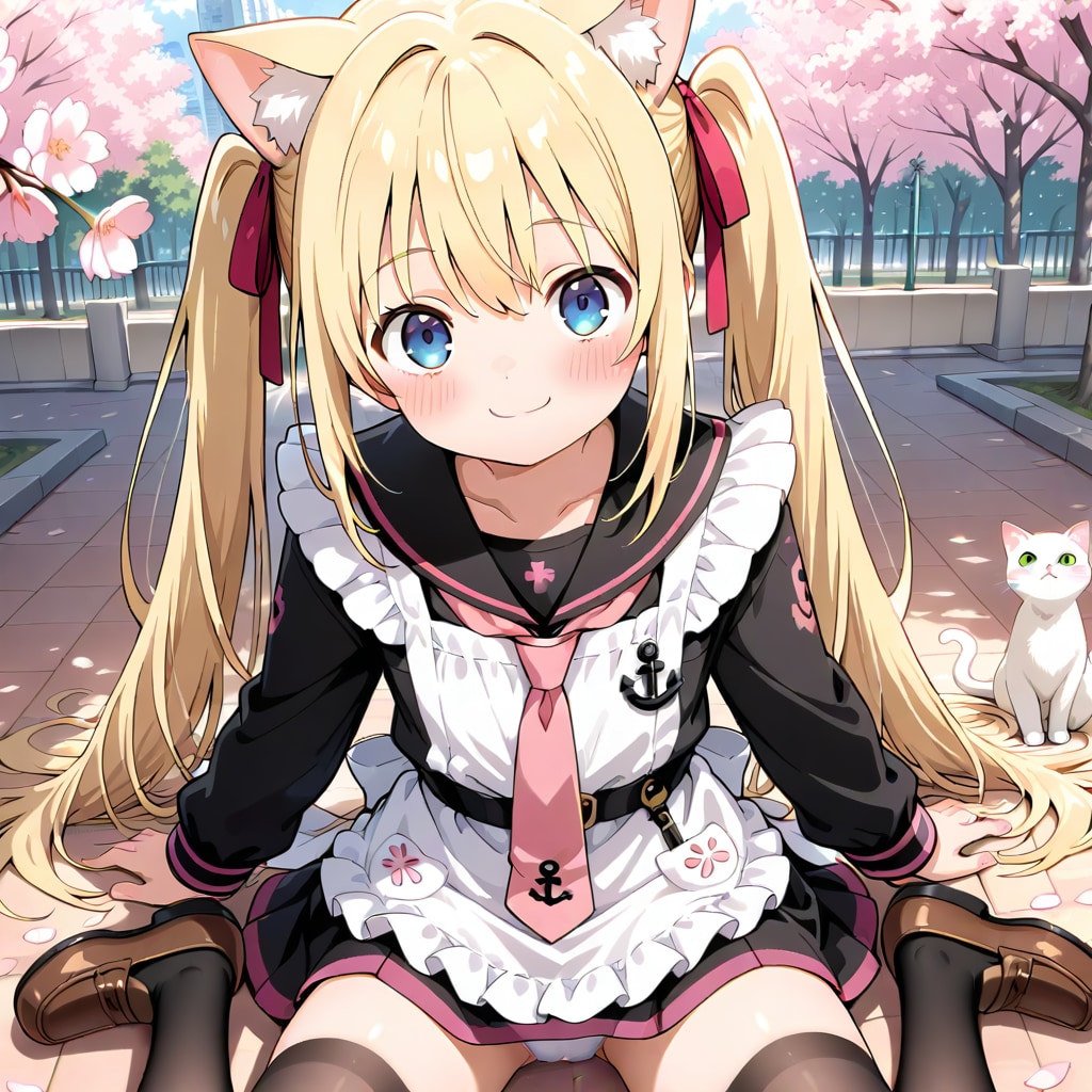 桜の木の下で猫耳メイド莉奈ちゃんが白猫と一緒にニコニコ♡ かわいいでしょ？🌸
