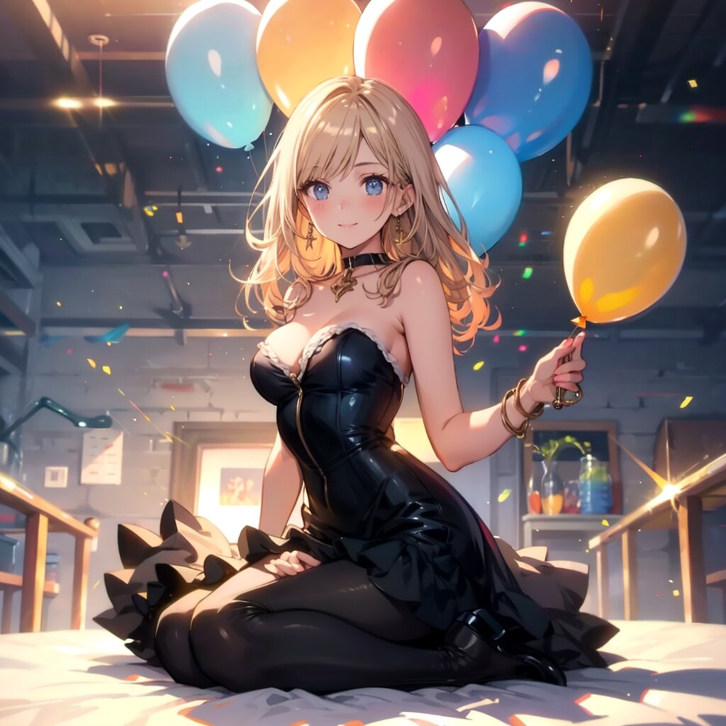 いっぱい色とりどりの風船を持つブロンドロングのサーカス団の衣装着た美女 | の人気AIイラスト・グラビア