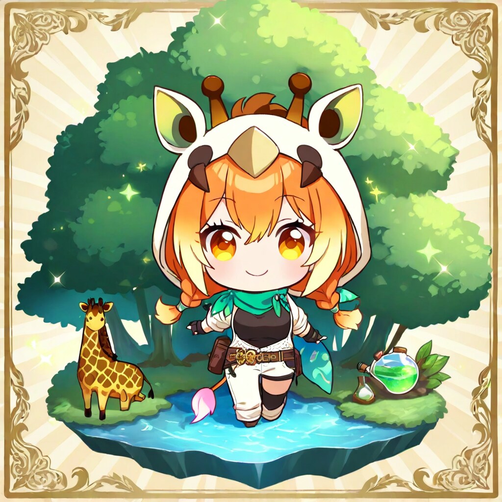 森の中の沢沿いを歩くキリン着ぐるみちび子ちゃん