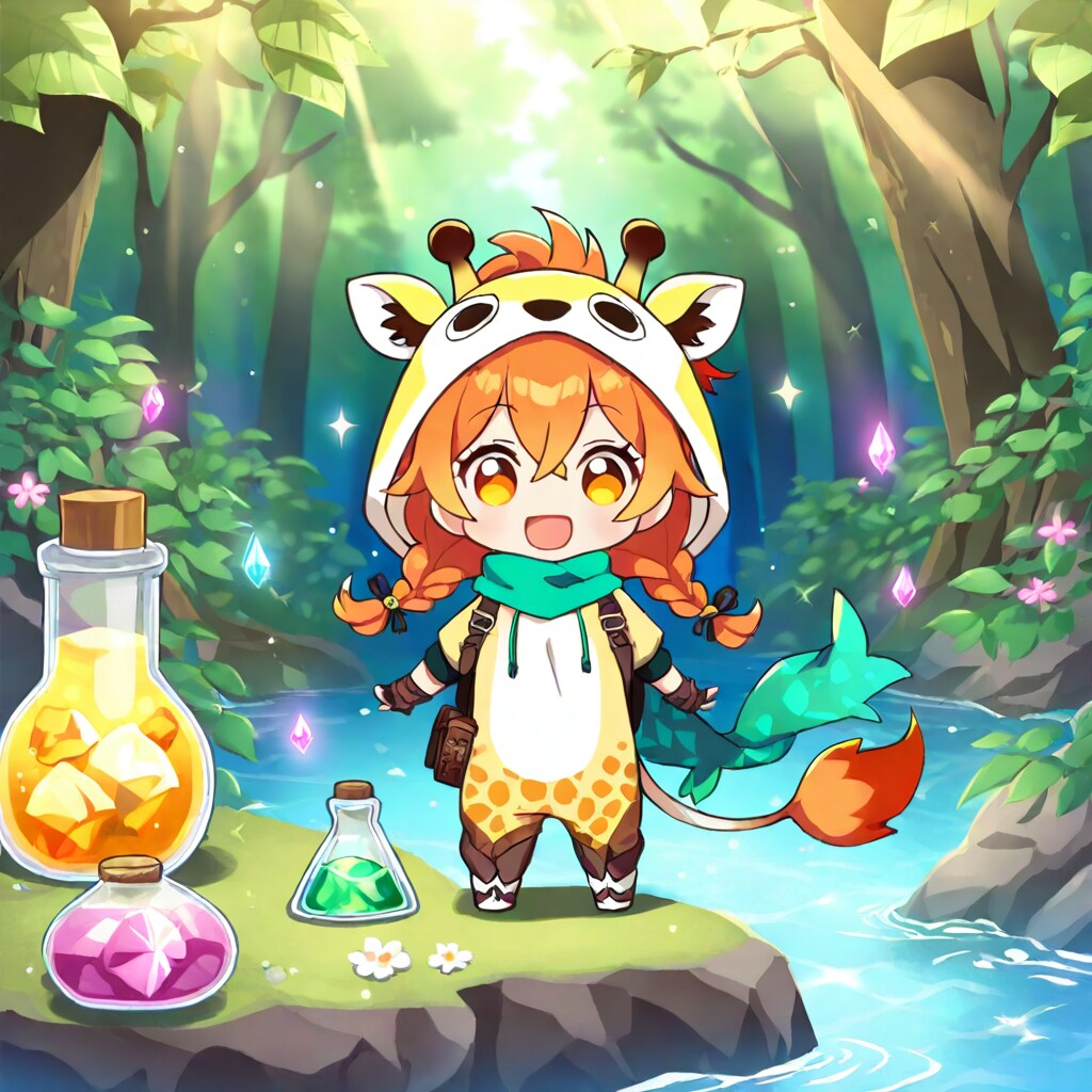 森の中の沢沿いを歩くキリン着ぐるみちび子ちゃん | の人気AIイラスト・グラビア