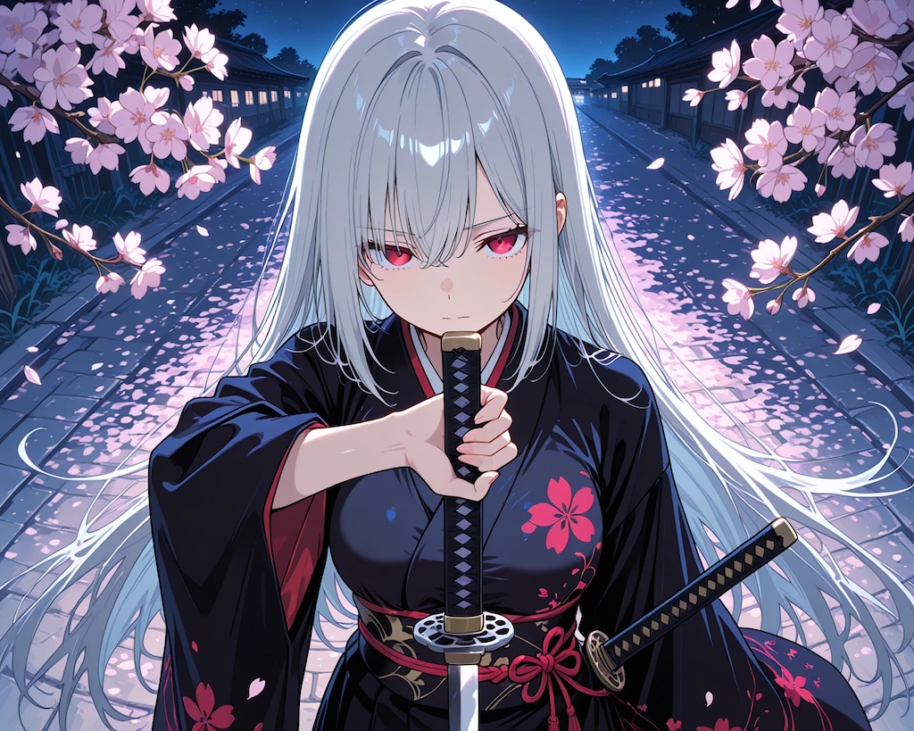 月夜と桜をバックに
