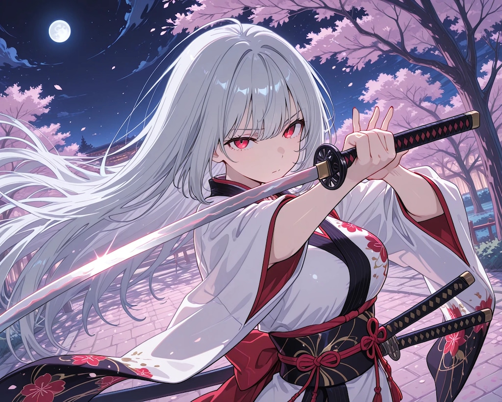 月夜と桜をバックに