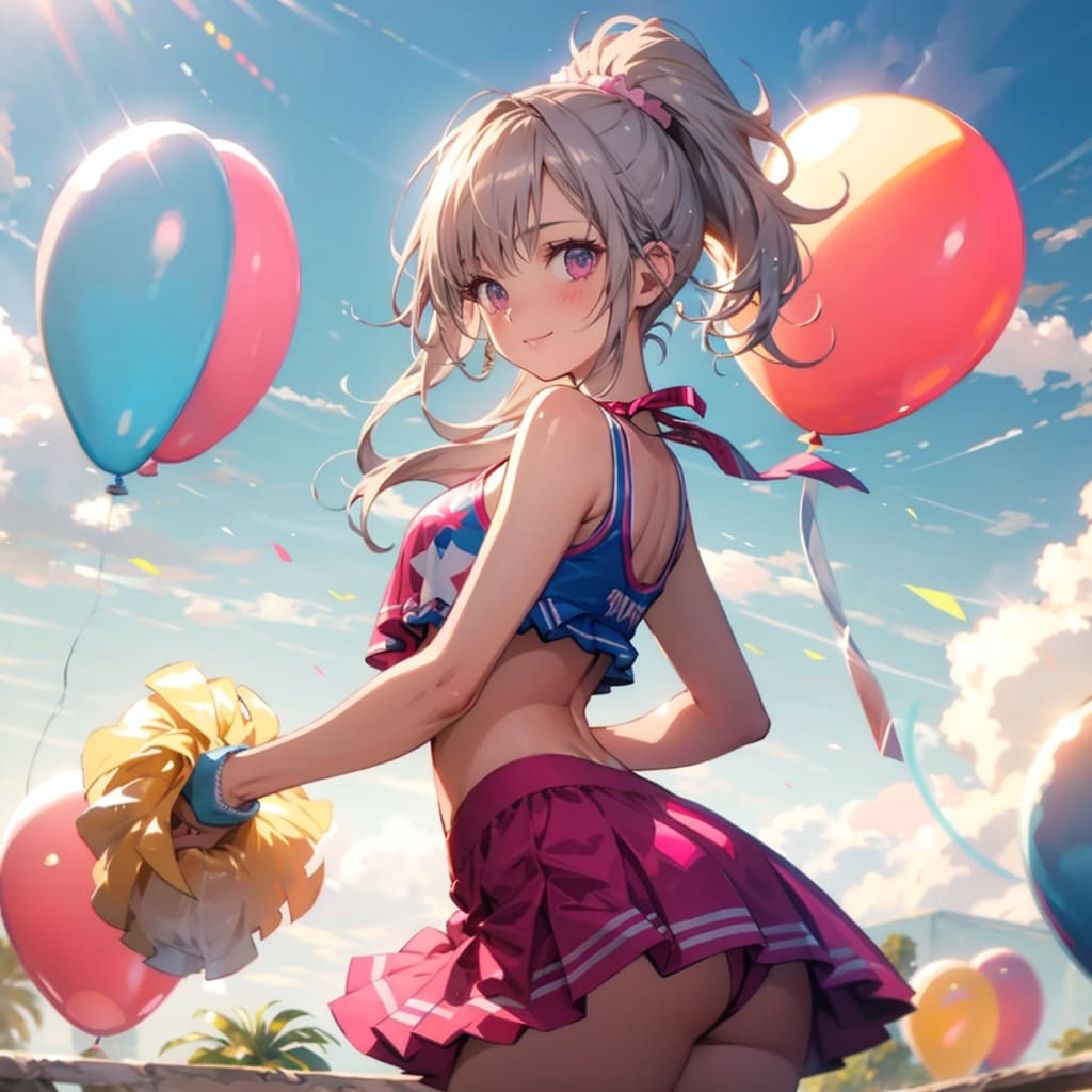 いっぱい風船を持つピンク髪ポニーテールのチアガール衣装着た美女。 | の人気AIイラスト・グラビア