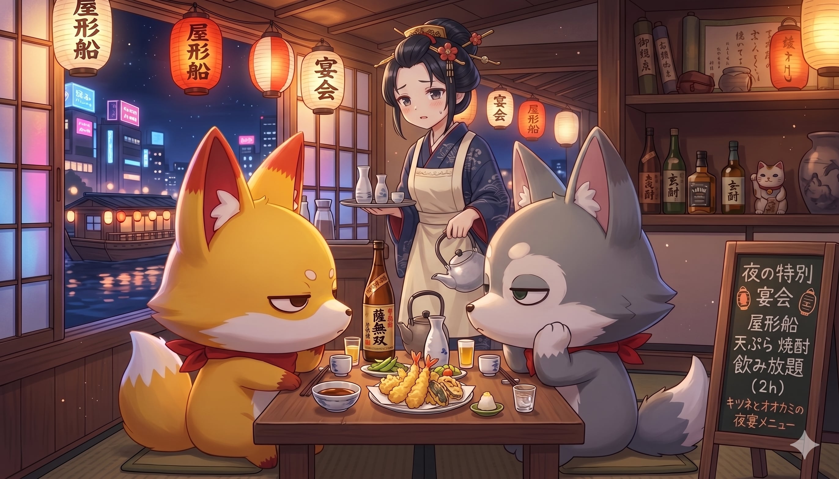 夜は屋形船で焼酎 | の人気AIイラスト・グラビア