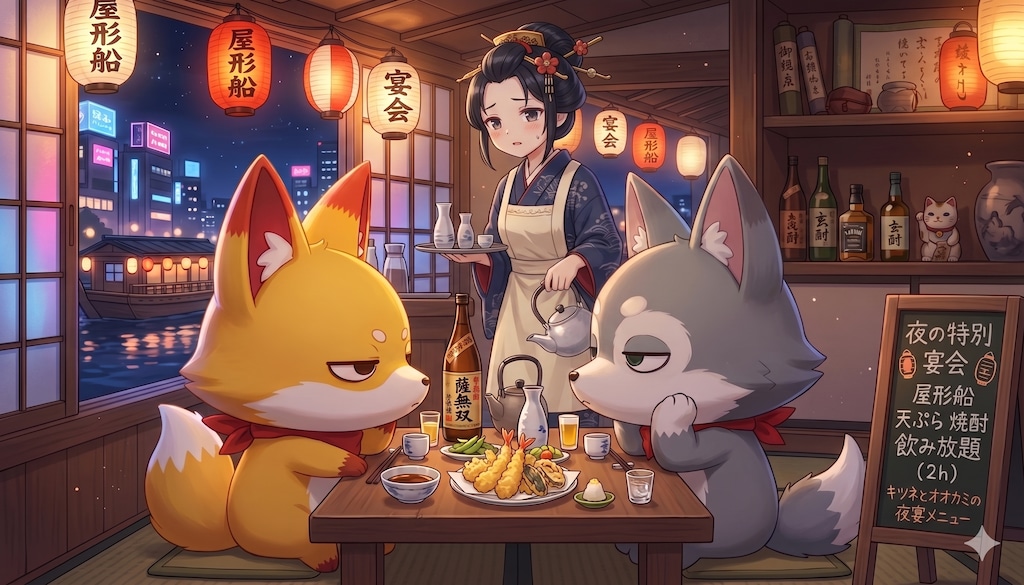 夜は屋形船で焼酎