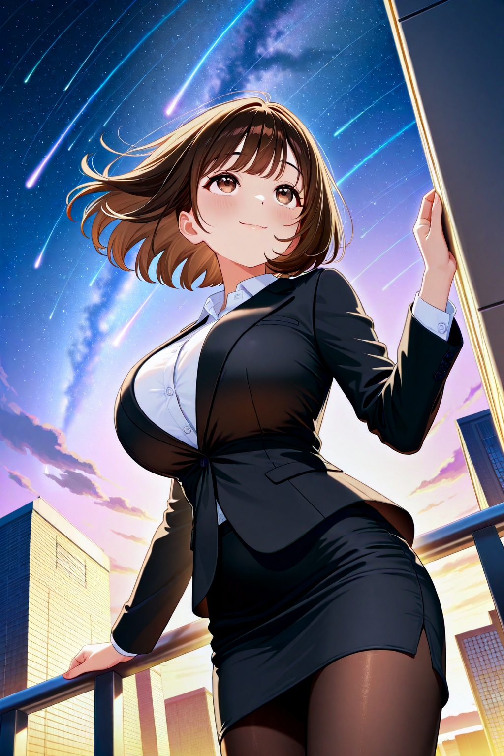 屋上で流星を眺めるアキちゃん