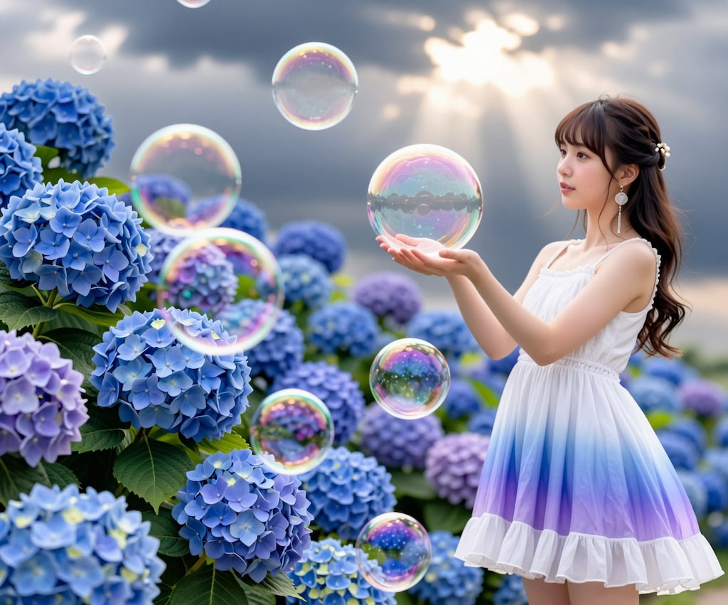 紫陽花とシャボン玉