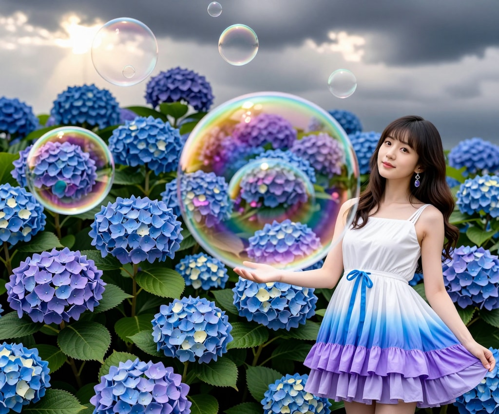 紫陽花とシャボン玉
