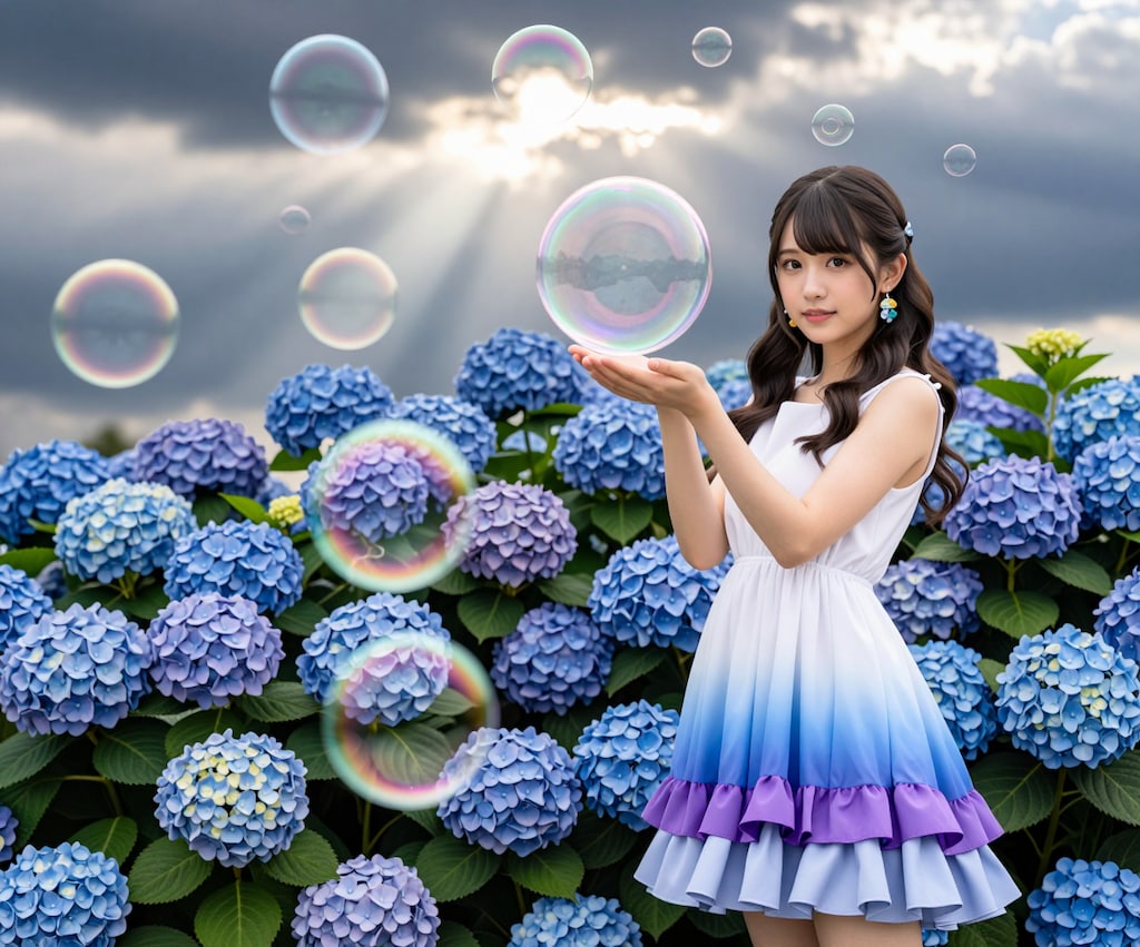 紫陽花とシャボン玉