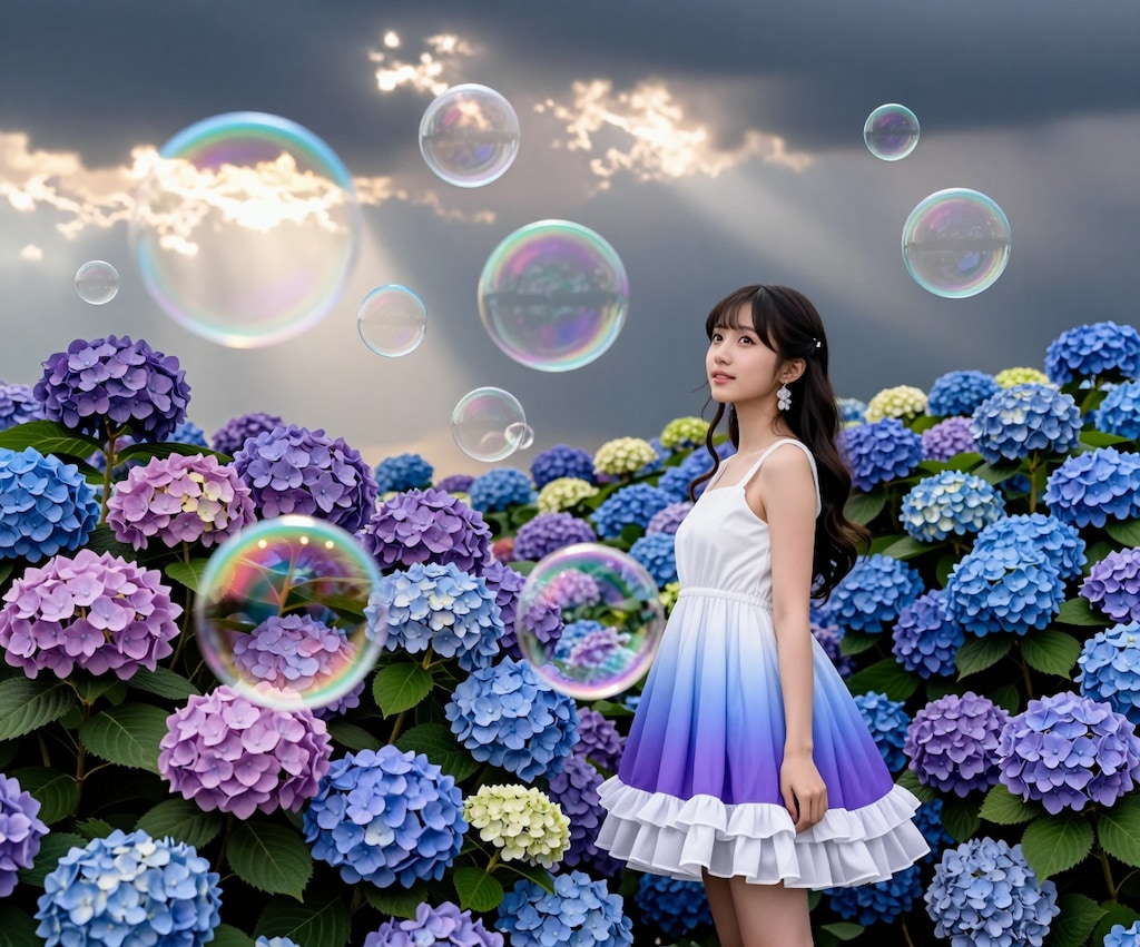 紫陽花とシャボン玉