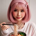 謎のピンク髪女性、海鮮麺を食らう 3枚目