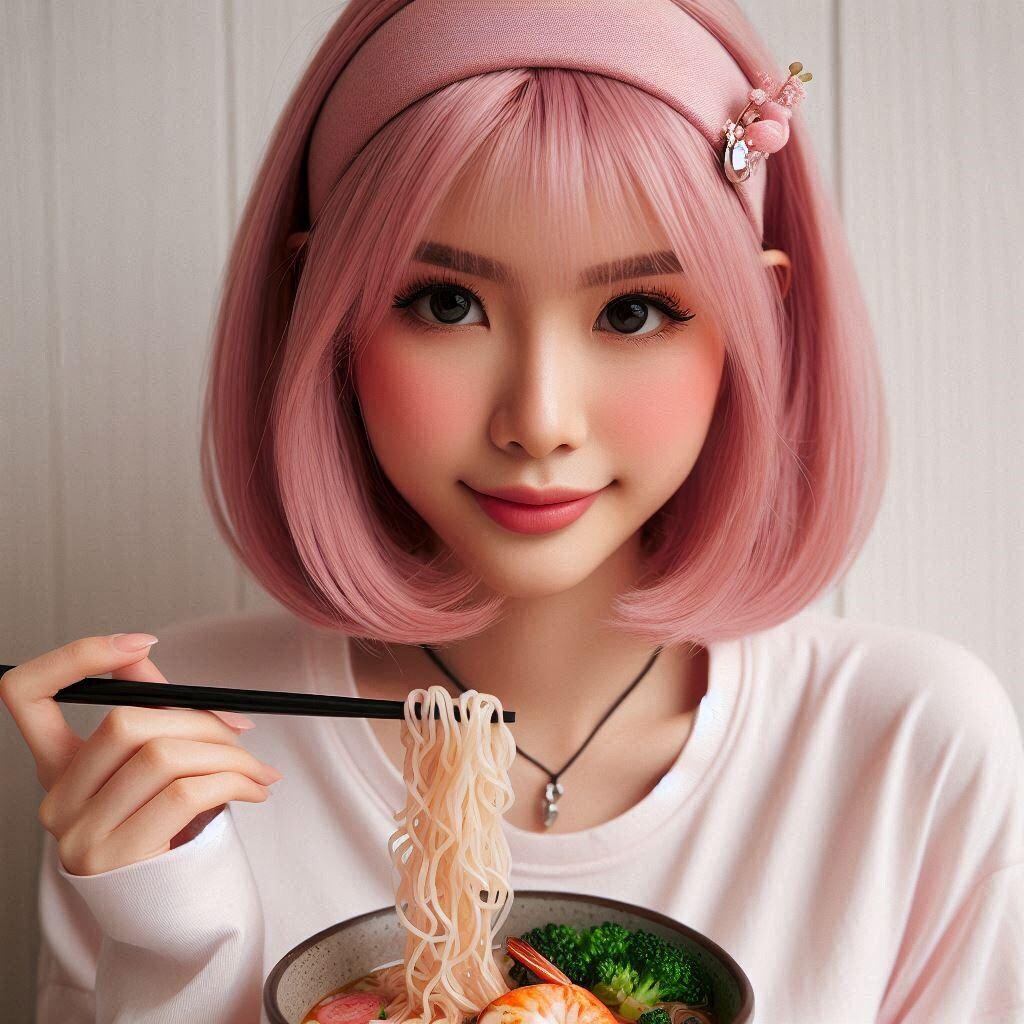 謎のピンク髪女性、海鮮麺を食らう