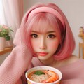 謎のピンク髪女性、海鮮麺を食らう 5枚目