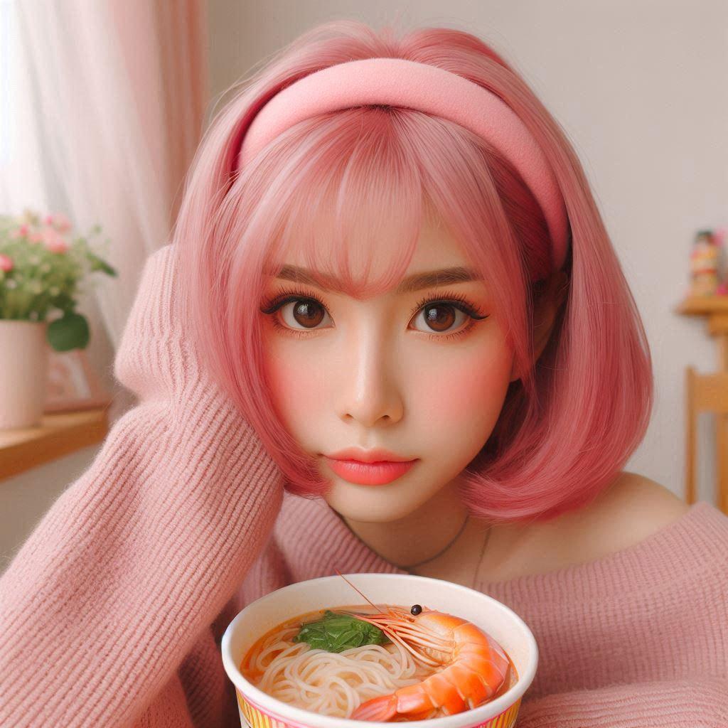 謎のピンク髪女性、海鮮麺を食らう