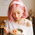 謎のピンク髪女性、海鮮麺を食らう 2枚目