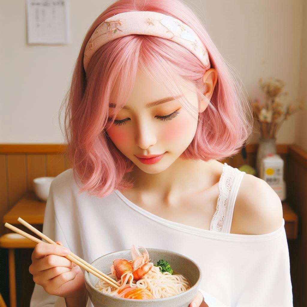 謎のピンク髪女性、海鮮麺を食らう